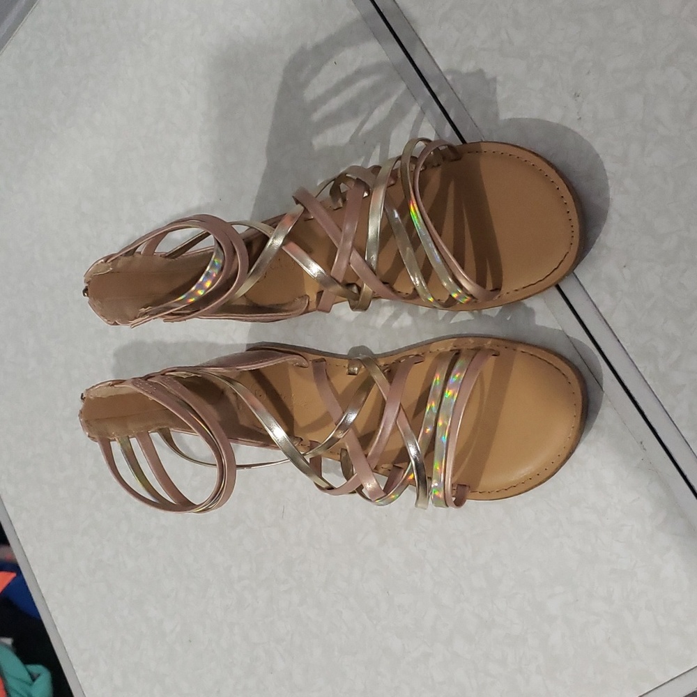 Cat & Jack Rose Gold Metallic Zipper‎ Back Ankle Strap Roman Sandals Girl’s 3